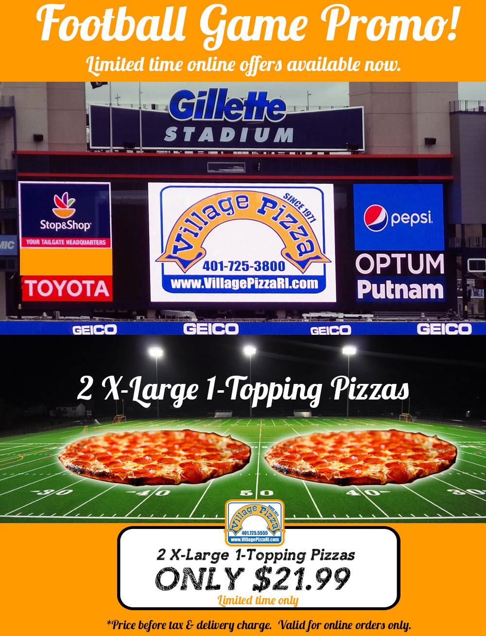 Welcome to Village Pizza Order Online or Call Us 401 725 5555